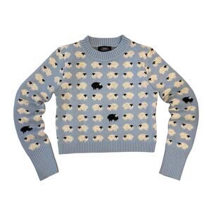 Cozy Cider Sweater sheep white black Medium blue long sleeve cottage core